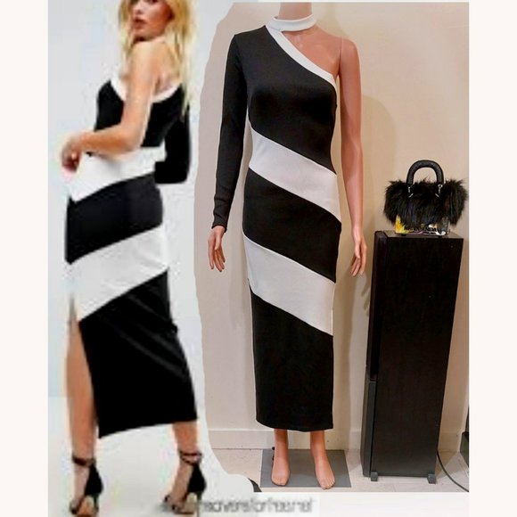 💥CHIC & SEXY💥One Shoulder Choker Bodycon Dress in Black & White Stripe - Picture 1 of 13